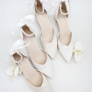 Ivory & White Satin Pointy Toe Low Block Heels Wedding Shoes with All Pearl Ankle Strap, Wedding Shoes, Bridal Low Heel, Pearl Wedding Shoes