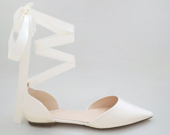 Ivory Satin Pointy Toe Flats with satin ANKLE TIE or BALLERINA Lace Up,  Wedding Shoes, Bride Shoes, Bridesmaids Shoes, Ivory Bridal Flats