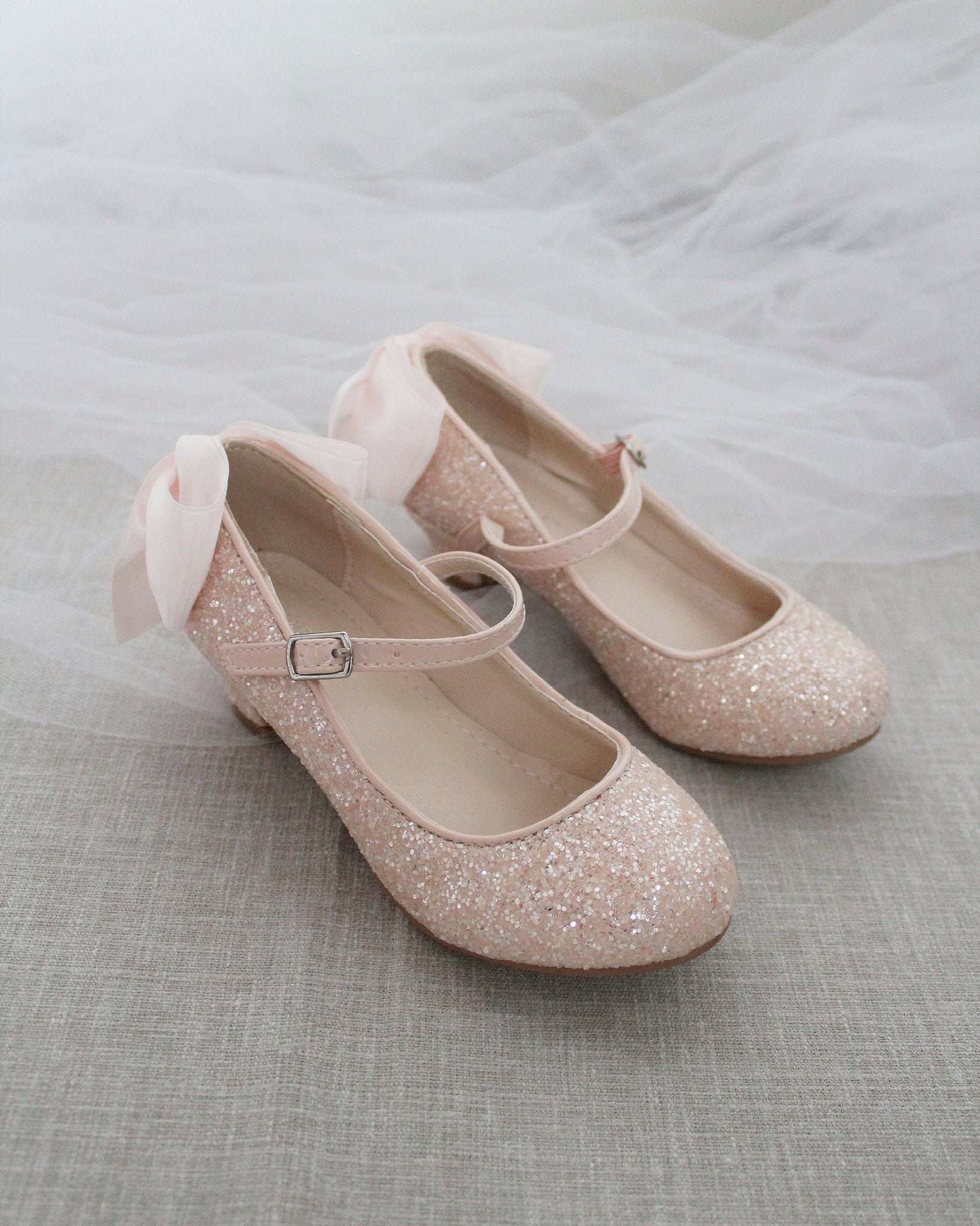 Girls Heel Glitter Shoes Dusty Pink Rock Glitter Mary jane Heels With Added Satin Bow Flower Girl Shoes Holiday Shoes Birthday Shoes Etsy