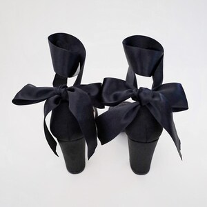 Black Satin Block Heel Evening Sandals with Wrapped Ribbon Tie - Women Party Shoes, Evening Shoes, Bridesmaids Heels image 3