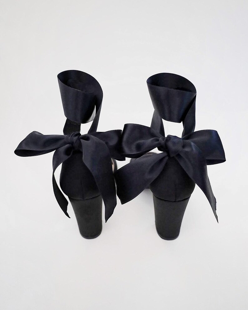 Black Satin Block Heel Evening Sandals with Wrapped Ribbon Tie - Women Party Shoes, Evening Shoes, Bridesmaids Heels image 3