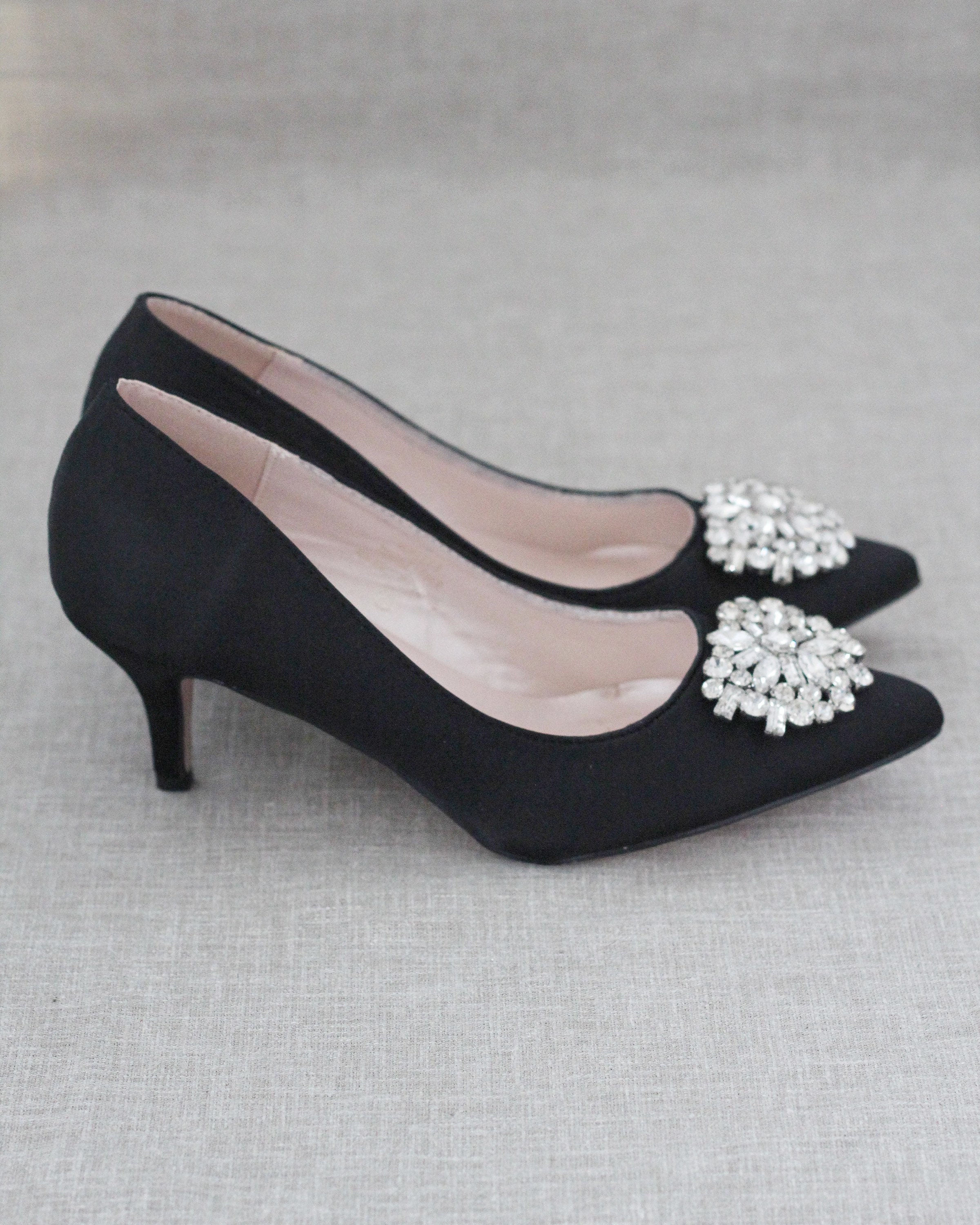 BLACK SATIN Pointy toe Kitten Heels with oversized Brooch Etsy