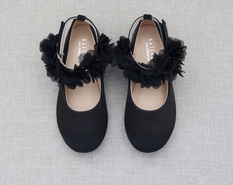Black Satin Flats with Chiffon Flowers Ankle Strap, Fall Birthday Shoes, Flower Girls, Holiday Shoes, Formal Shoes