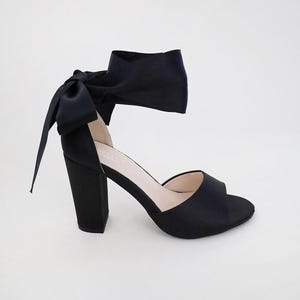 Black Satin Block Heel Evening Sandals with Wrapped Ribbon Tie - Women Party Shoes, Evening Shoes, Bridesmaids Heels image 2