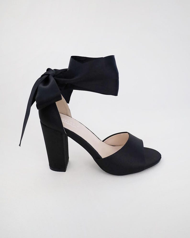 Black Satin Block Heel Evening Sandals with Wrapped Ribbon Tie - Women Party Shoes, Evening Shoes, Bridesmaids Heels image 2
