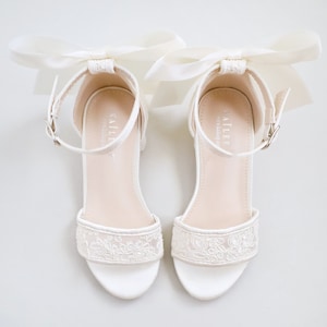 Ivory Crochet Lace Low Block Heel Girls Sandals with Satin Back Bow, Flower Girls Sandals, Birthday Shoes, Baptism Shoes image 2