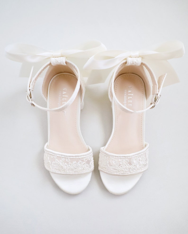 Ivory Crochet Lace Low Block Heel Girls Sandals with Satin Back Bow, Flower Girls Sandals, Birthday Shoes, Baptism Shoes image 2