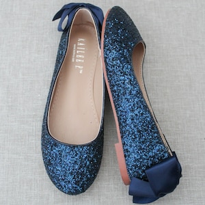 Navy Blue Rock Glitter Flats With Back Satin Bow Bridal Shoes ...