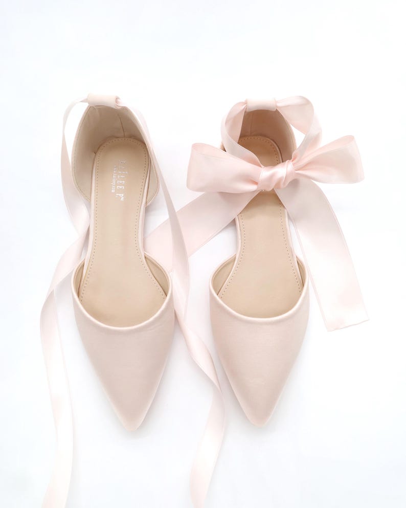 Dusty Pink Satin Pointy Toe Flats With ANKLE TIE or BALLERINA Lace Up ...