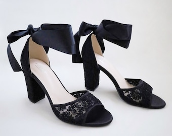 Zwarte gehaakte sandalen met blokhak en omwikkeld lint, damesavondschoenen, bruidsmeisjesschoenen, bruidsschoenen, blokhak