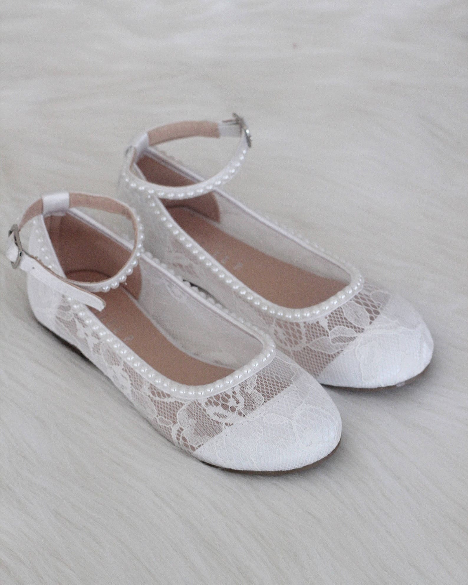 White Lace Ballet Flats With With MINI PEARLS and Ankle Strap Etsy UK