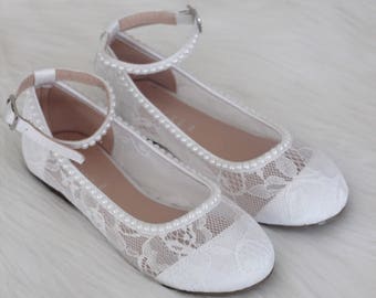 White Lace Ballet Flats with with MINI PEARLS and ankle strap - For Flower Girls, Baptism and Christening Shoes