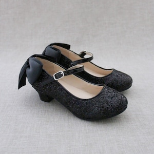 BLACK ROCK GLITTER Maryjane Heels with added satin bow - Flower Girl shoes, Princess Shoes, Halloween Shoes, Holiday Shoes