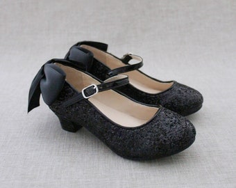 BLACK ROCK GLITTER Maryjane Heels with added satin bow - Flower Girl shoes, Princess Shoes, Halloween Shoes, Holiday Shoes