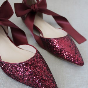 Burgundy Rock Glitter Pointy Toe Flats With Satin ANKLE TIE or - Etsy