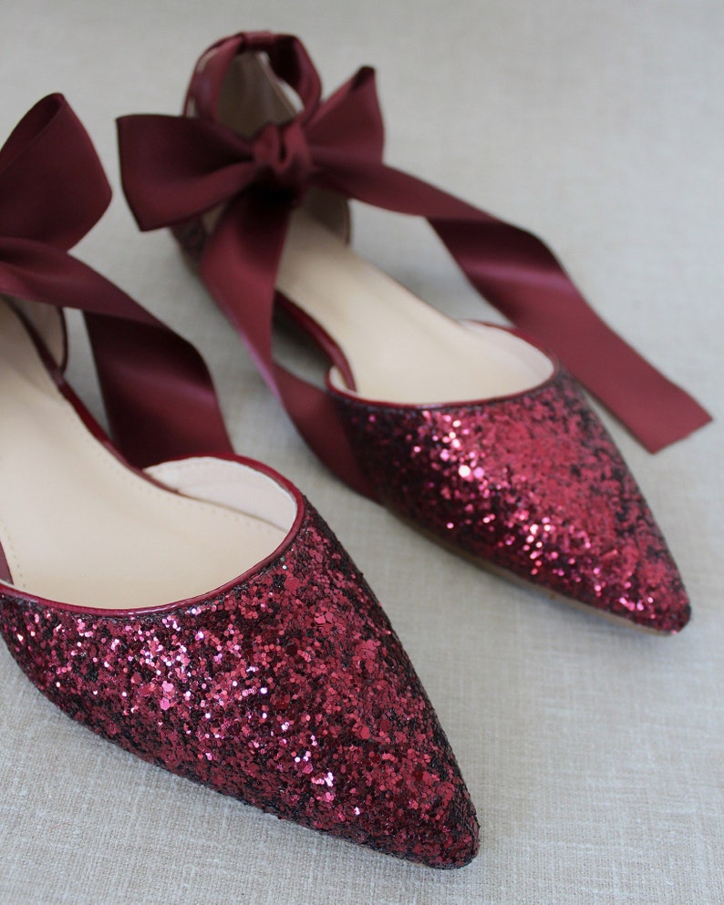 Burgundy Rock Glitter Pointy Toe Flats with satin ANKLE TIE or | Etsy