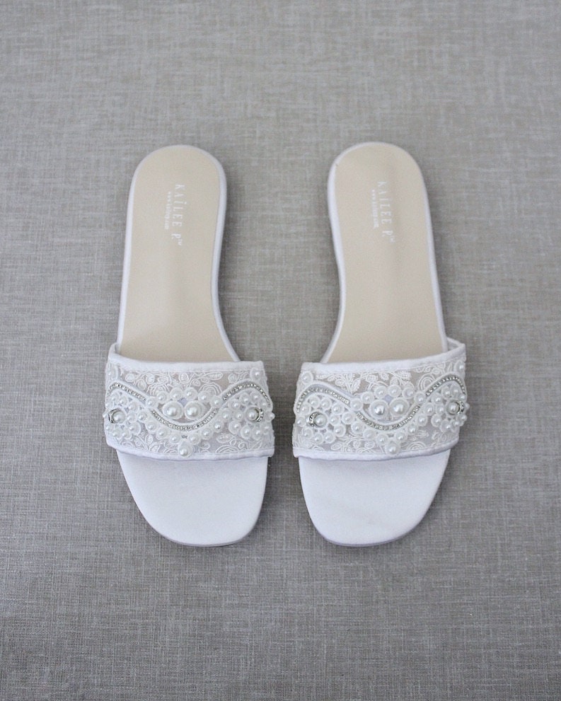 White Crochet Lace Slip on Flat Sandals 
