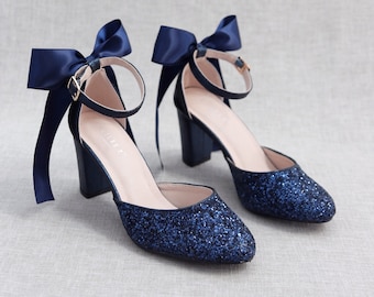 Navy Rock Glitter Block Heel with SATIN BACK BOW, Women Wedding Shoes, Bridesmaids Shoes, Bridal Shoes, Bride Pumps, Holiday Shoes