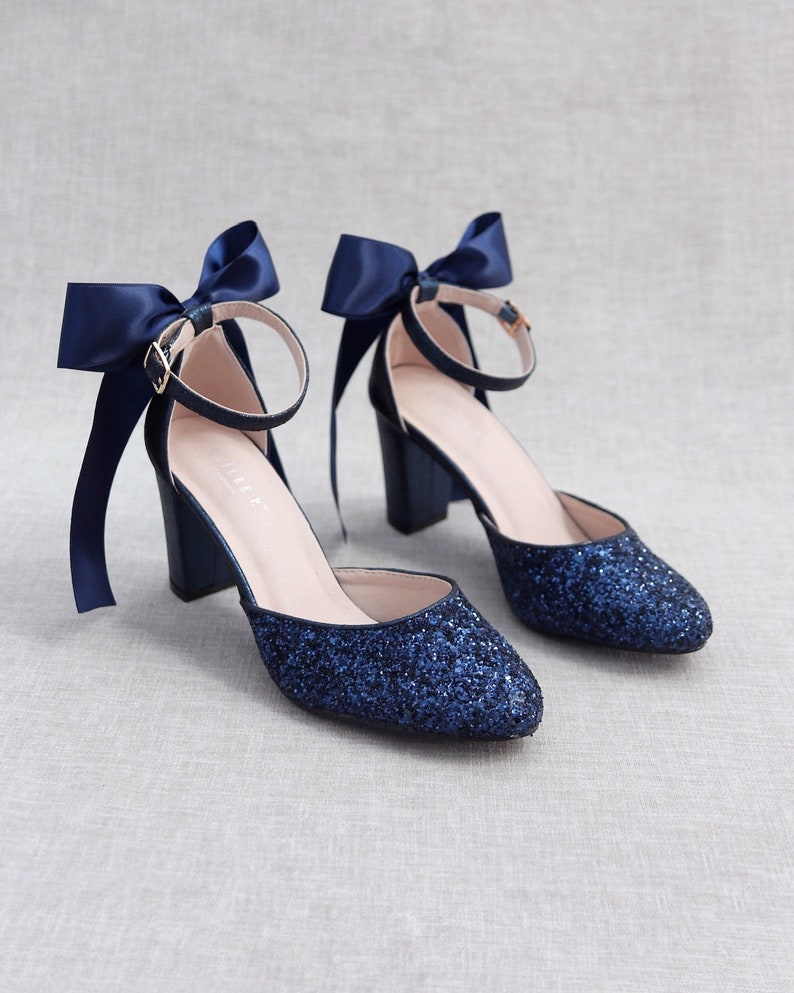 Navy Rock Glitter Block Heel with SATIN BACK BOW, Women Wedding Shoes, Bridesmaids Shoes, Bridal Shoes, Bride Pumps, Holiday Shoes image 1