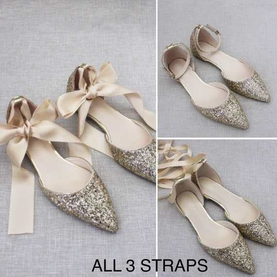 Rose Gold Rock Glitter Flats with Back Satin Bow - Fall Wedding Shoes, Bridesmaids Shoes, Women Wedding Flats, Holiday Shoes