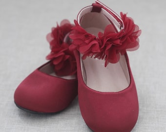 Burgundy Satin Flats with Chiffon Flowers Ankle Strap, Fall Flower Girls Shoes, Birthday Shoes, Holiday Shoes, Burgundy Kids Shoes