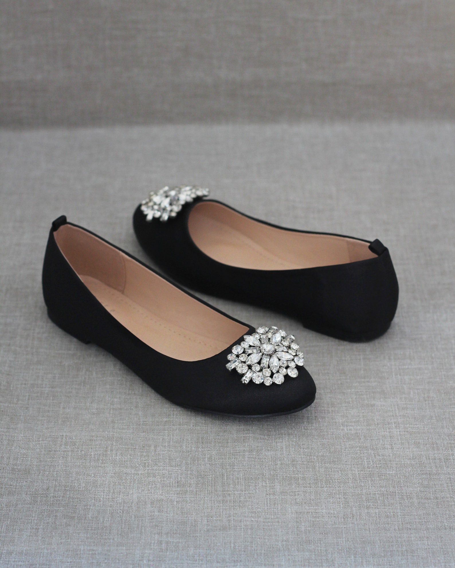 Black Satin Round Toe Flats With OVERSIZED BROOCH Classic - Etsy