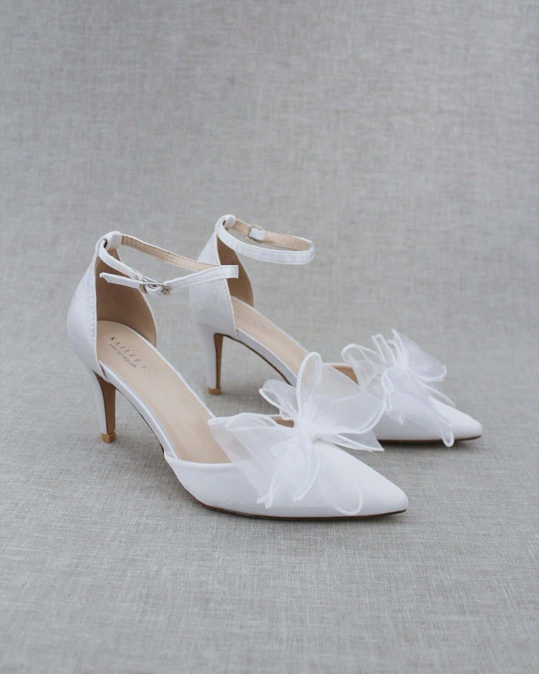 White Satin Pointy Toe HEELS With White Organza Bow and Ankle - Etsy