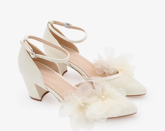 Ivory & White Satin Block Heels Wedding Shoes with Ophelia Flowers, Wedding Shoes, Bridesmaids Shoes, Holiday Shoes