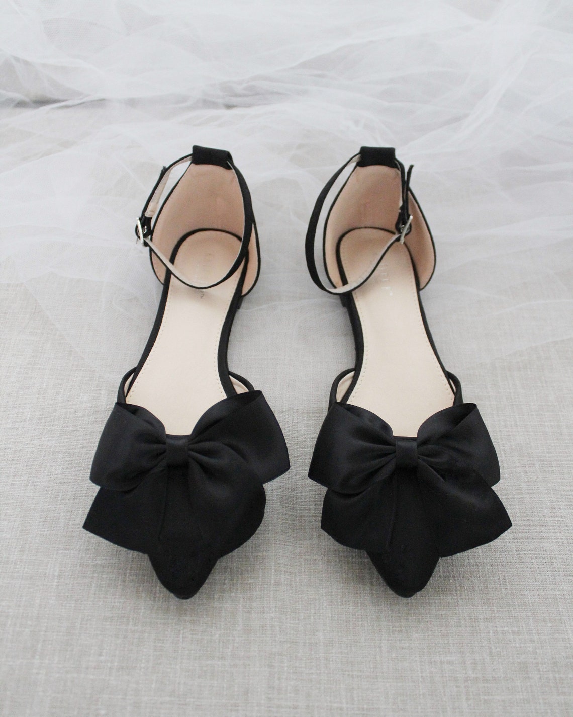 Black Pointy Toe flats with FRONT SATIN BOW Women Wedding image 1