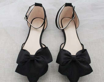 Black Pointy Toe flats with FRONT SATIN BOW, Fall Wedding Shoes, Bridesmaid Shoes, Black Evening Shoes, Holiday Shoes