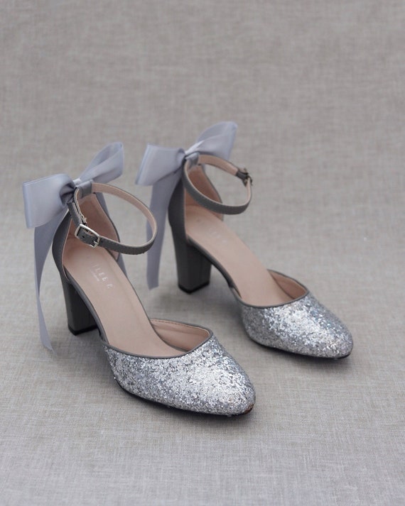 Pennysue Women's Chunky Low Heels Sandals Silver Glitter Ankle Strap Wedding  Shoes 8M - Walmart.com
