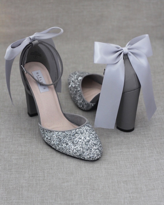 silver glitter block heel wedding shoes