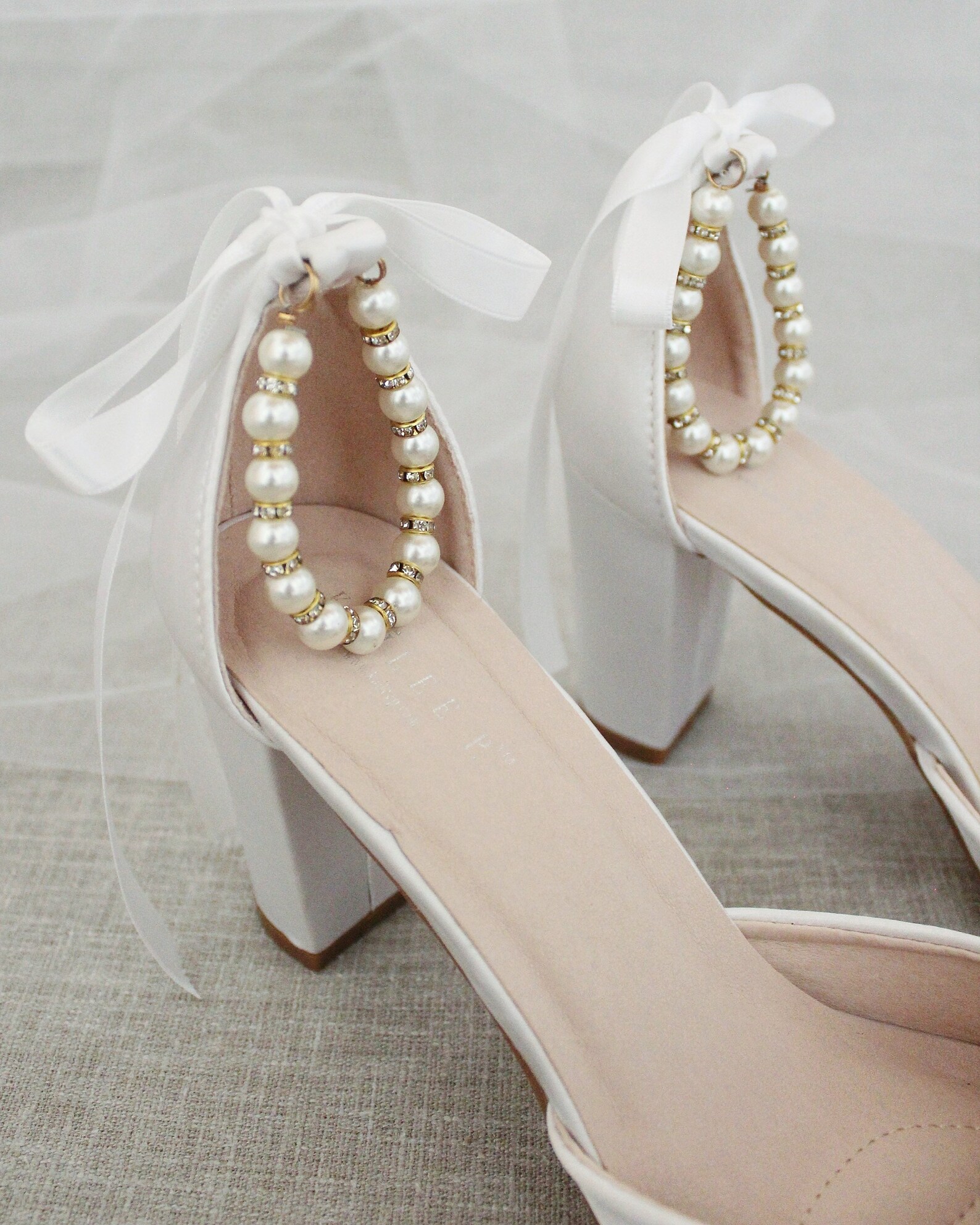 white satin block heels