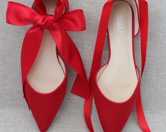 Red Satin Pointy Toe Flats with Satin ANKLE TIE or BALLERINA Lace Up, Fall Wedding Shoes, Bride Shoes, Bridesmaids Shoes, Red Holiday Shoes