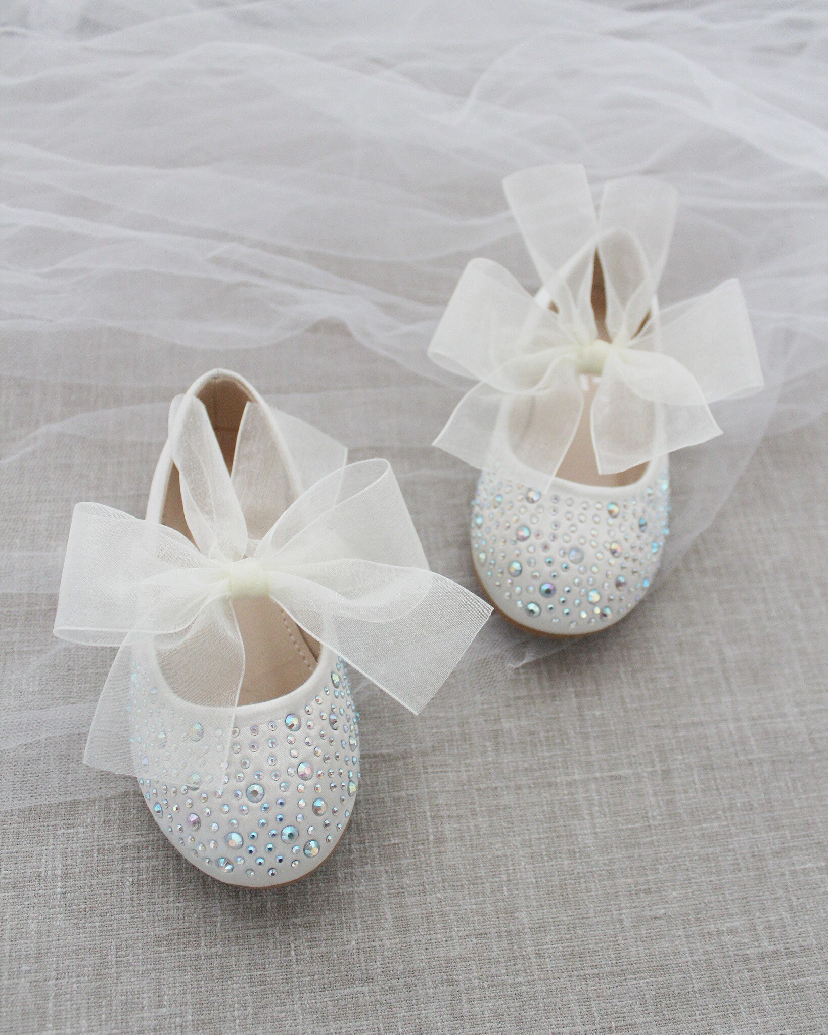 Ivory Satin Mary Jane Flats With IVORY CHIFFON BOW and Rhinestones- for ...