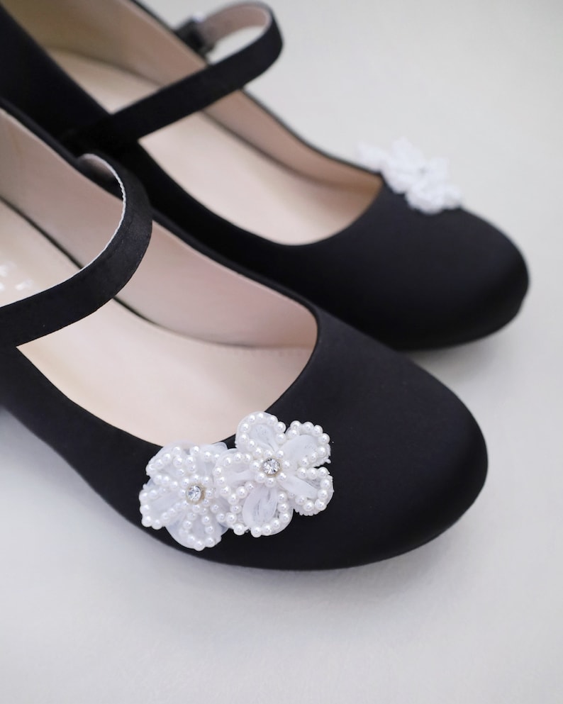 Black Satin Mary Jane Girls Block Heel With All Pearls Chassia Flowers ...