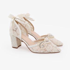 Ivory Crochet Lace Almond Toe Block Heel with Small Pearls Applique - Women Wedding Shoes, Bridesmaids Shoes, Bridal Shoes, Block Heels
