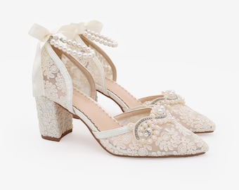 Ivory Crochet Lace Almond Toe Block Heel with Small Pearls Applique - Women Wedding Shoes, Bridesmaids Shoes, Bridal Shoes, Block Heels