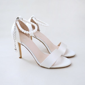 Ivory Satin High Heel Wedding Sandals with Adjustable Pearl Strap, Wedding Heels Sandals, Bridesmaids Shoes, Heel Sandals, Fall Bridal Heels