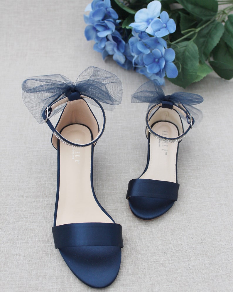 Navy Blue Satin Block Heel Sandal With TULLE BACK BOW Women - Etsy