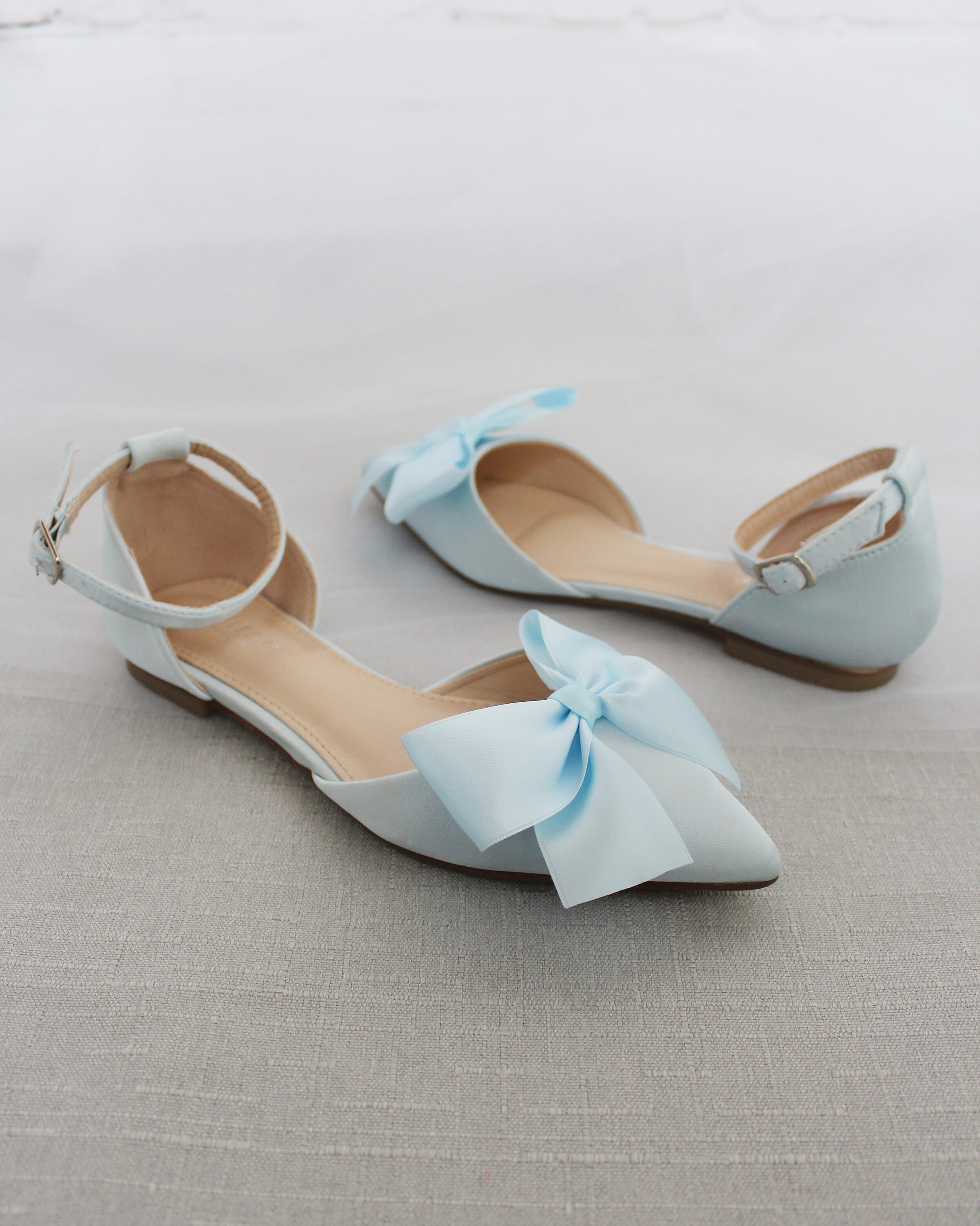 Light Blue Satin Pointy Toe Flats With Front Satin Bow Women | Etsy