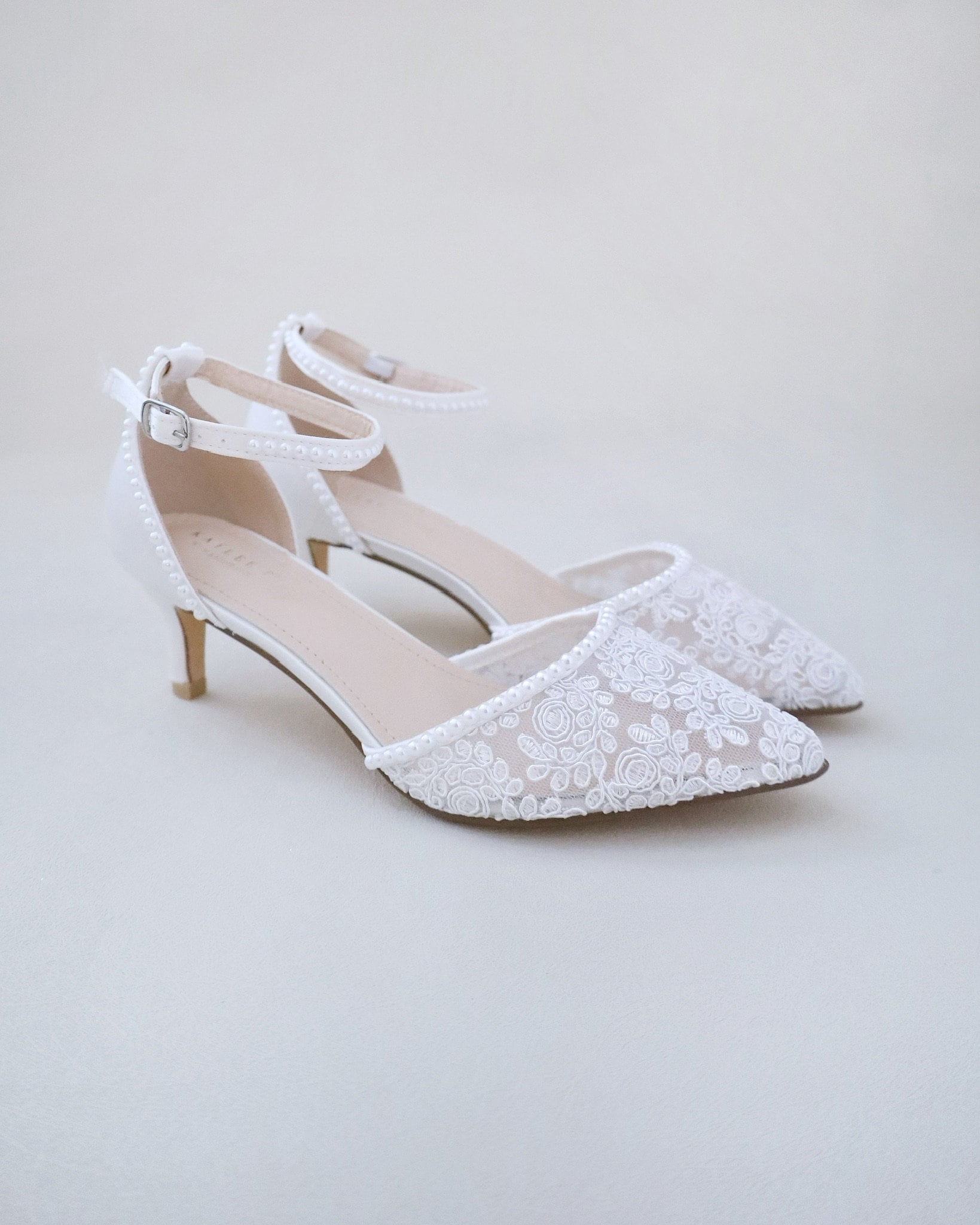 White Crochet Lace Pointy Toe Wedding Low Heels With Mini Pearls