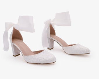 White Lace Block Heel with WRAPPED SATIN TIE, Women Wedding Shoes, Bridal Shoes, Bridal Heels, Bride Heels