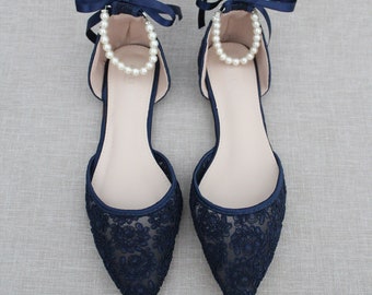 Navy Crochet Lace Pointy Toe Flats With Pearl Ankle Straps Fall