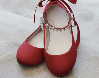 Burgundy Satin Flats With NAVETTE CLUSTER RHINESTONES on Satin