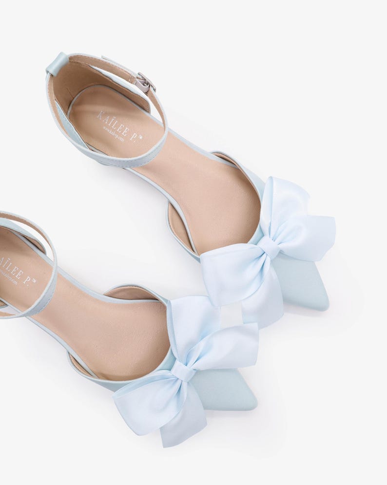 Light Blue Satin Pointy Toe Flats With Front Satin Bow, Women Wedding ...