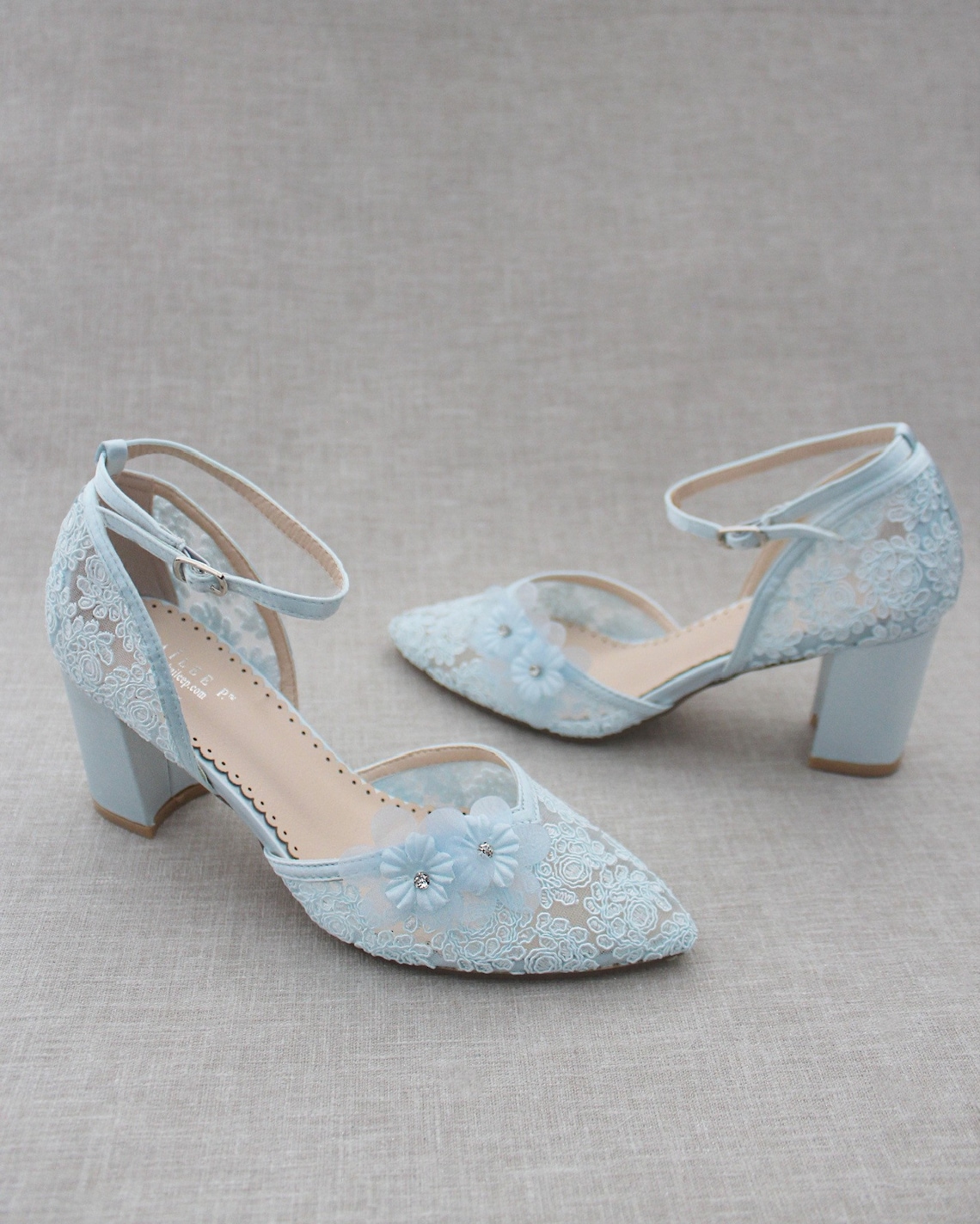 Light Blue Crochet Lace Almond Toe Block Heel with Flower image 3