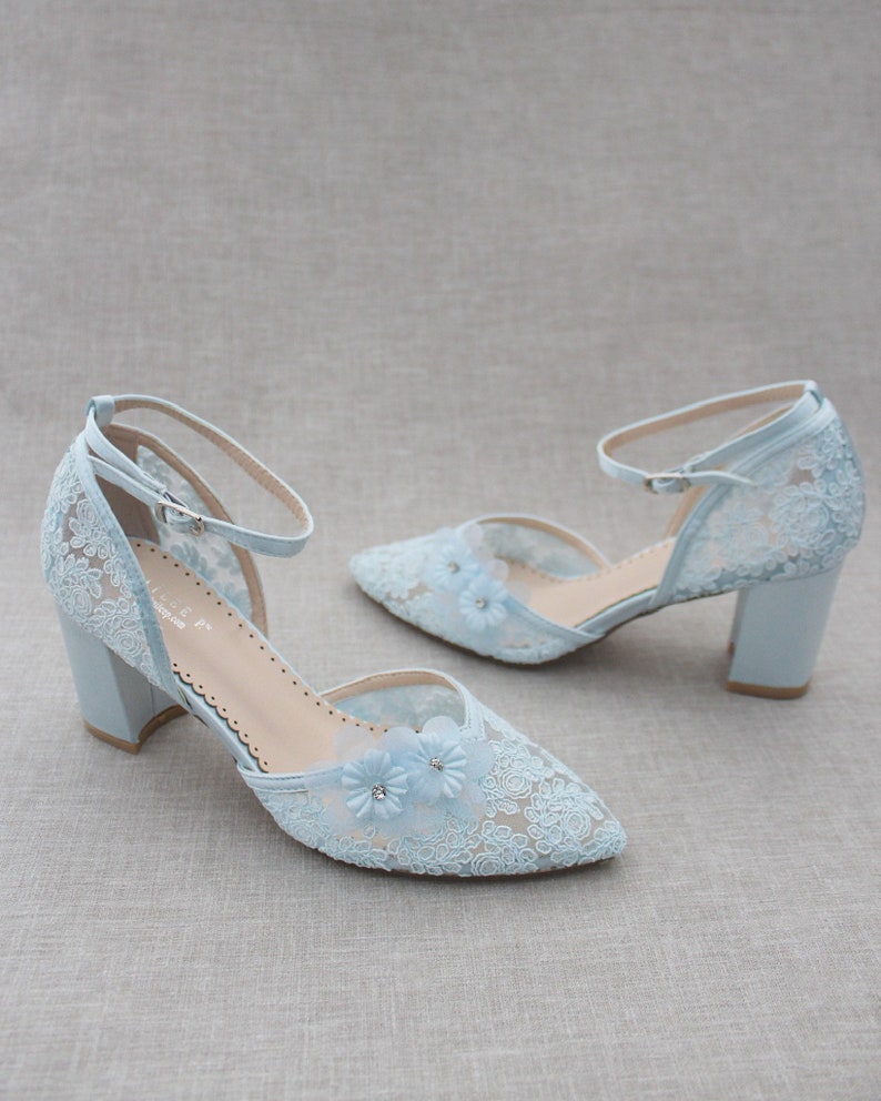 Light Blue Crochet Lace Almond Toe Block Heel With Flower - Etsy