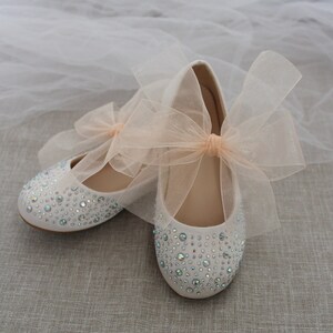 Soft Blush Satin Mary Jane Flat With CHIFFON BOW and Rhinestones, Fall ...