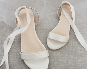 Ivory Satin Flat Sandal with Ballerina Lace Up, Bridesmaid Shoes, Women Sandals, Kids Sandals, Mommy and Me Shoes, Fall Wedding Shoes